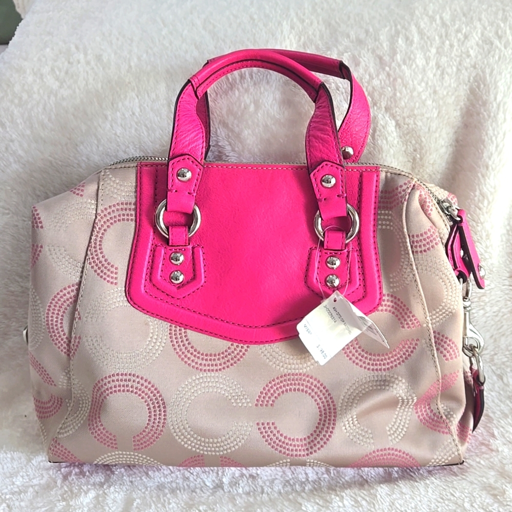 NWT Coach Ashley Pink And Khaki Dotted Canvas And Leather Satchel. PRICE FIRM - Picture 2 of 9